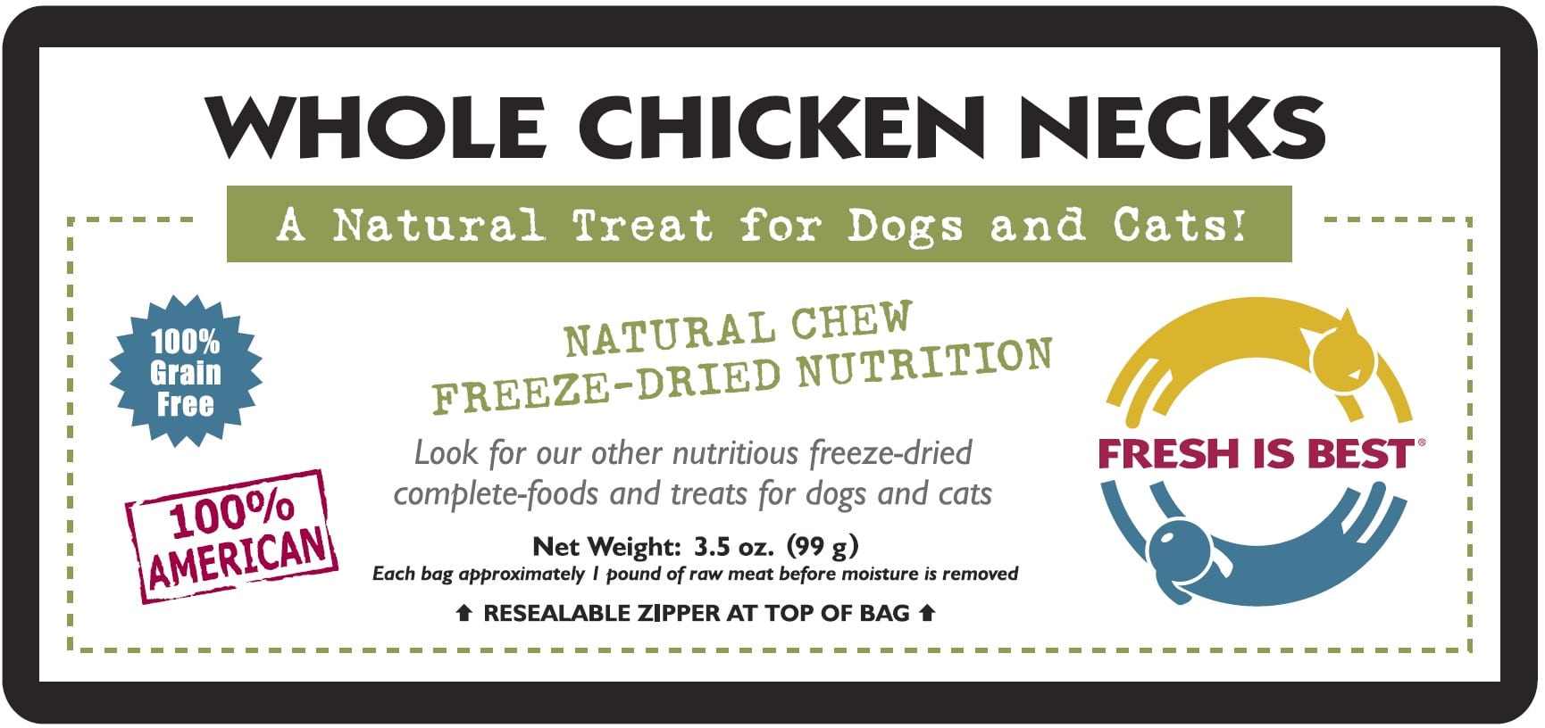 Freeze-dried whole chicken necks for dogs and cats, natural chew, 100% grain-free, 3.5 oz package.