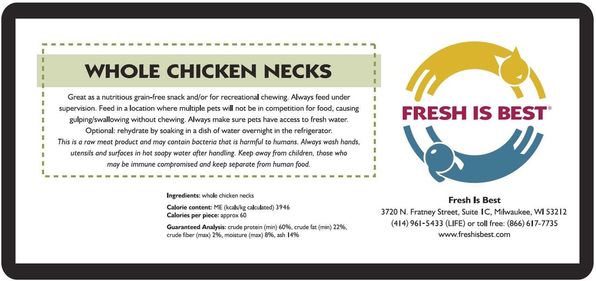 Freeze Dried Whole Chicken Necks packaging label with nutritional information and feeding guidelines.