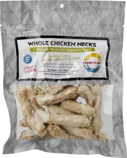 Freeze dried whole chicken necks in a resealable bag for pets.