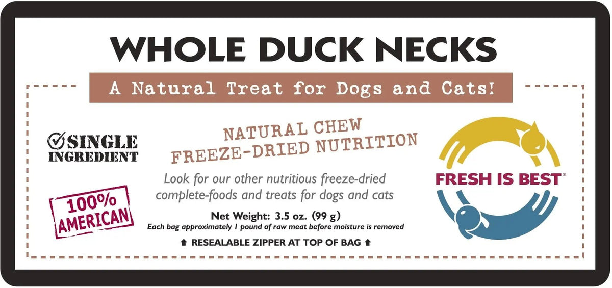Freeze-dried whole duck necks natural chew for dogs and cats, 100% American, single ingredient, resealable packaging.
