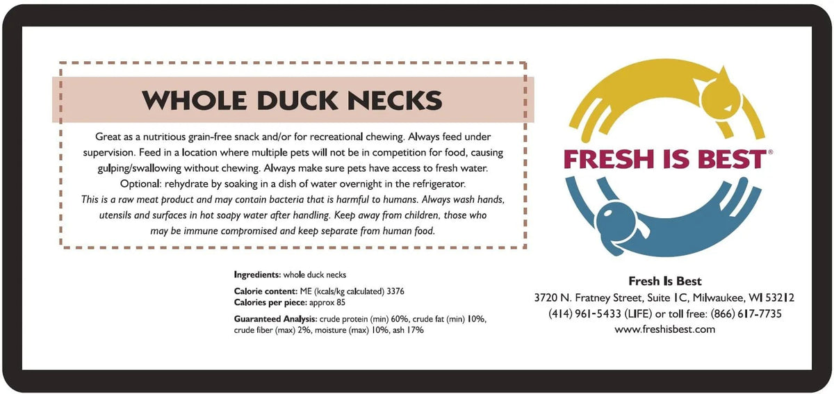 Freeze dried whole duck necks pet treat packaging with ingredients and nutritional information.