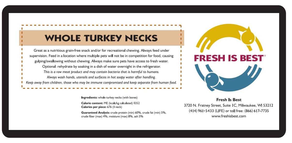 Freeze dried whole turkey necks packaging, nutritious high-protein treat for pets, Fresh Is Best logo.