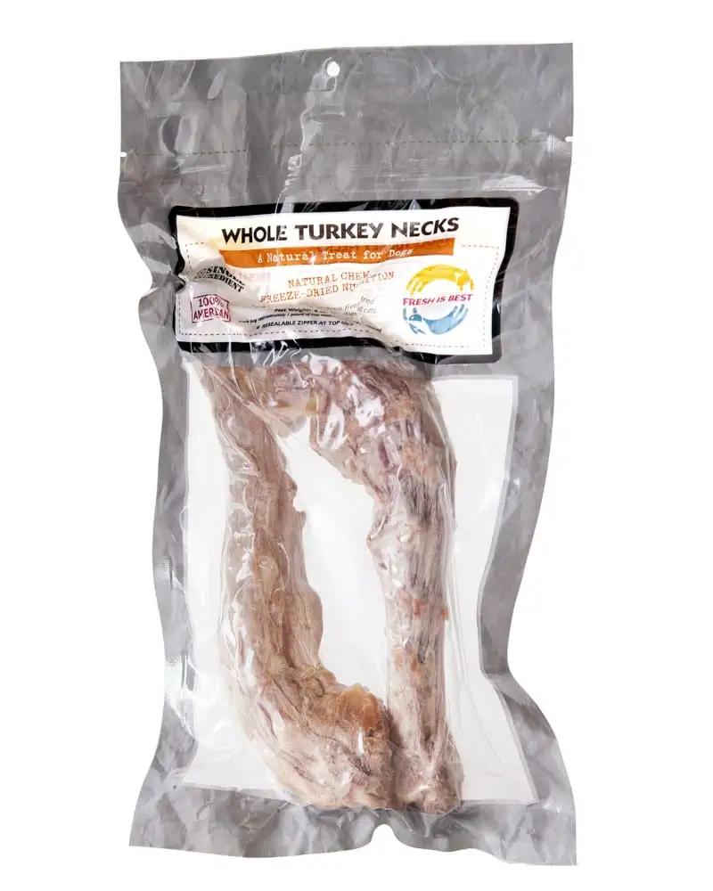 Freeze dried whole turkey necks in vacuum-sealed packaging for pets.