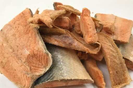 Freeze dried wild salmon fillets for pets, nutrient-rich and preservative-free.