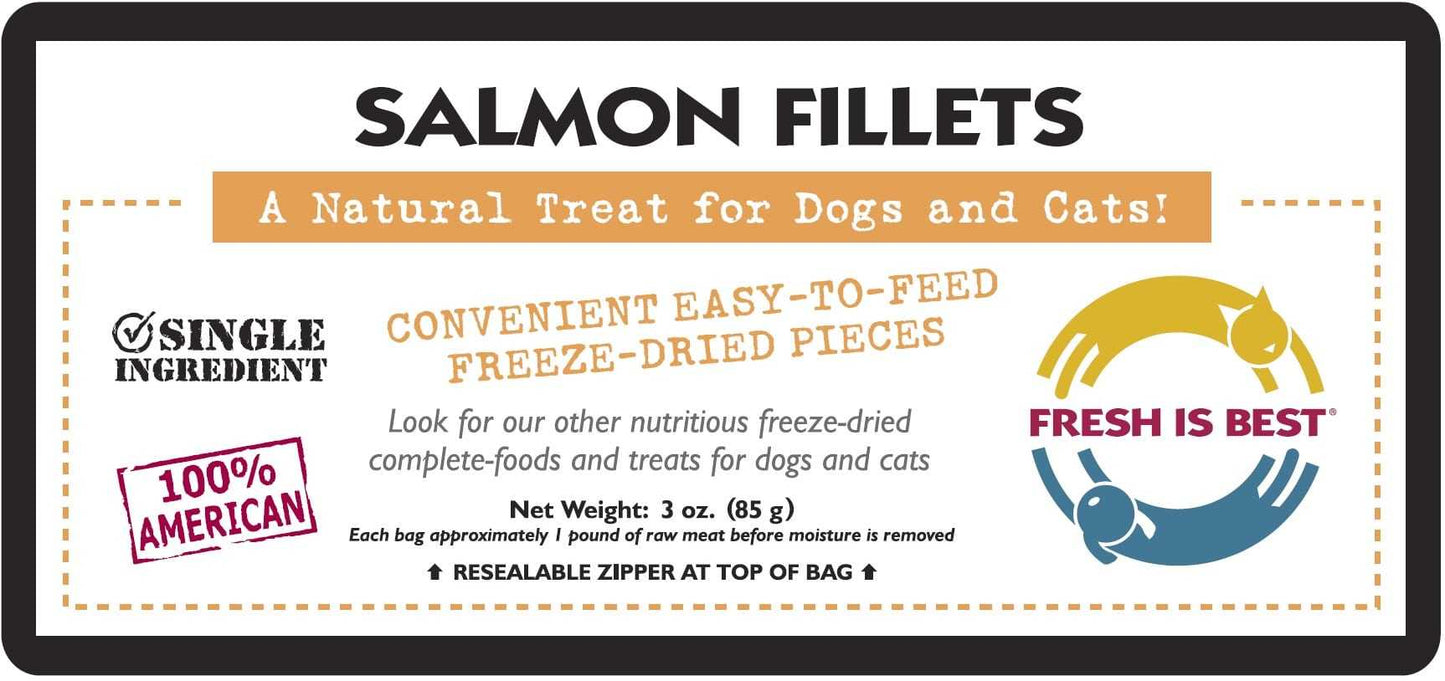 Freeze Dried Wild Salmon Fillets packaging for dogs and cats, 100% American made, single ingredient, resealable zipper.