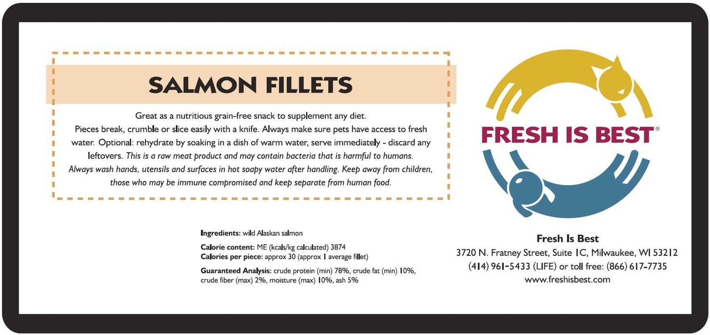 Freeze-Dried Wild Salmon Fillets - Fresh Is Best® pet treats, nutrient-rich, preservative-free, vacuum-sealed.