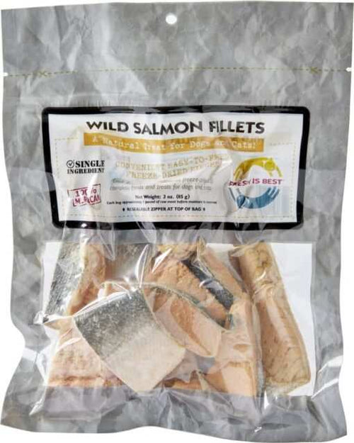 Freeze dried wild salmon fillets in vacuum-sealed packaging for pets.
