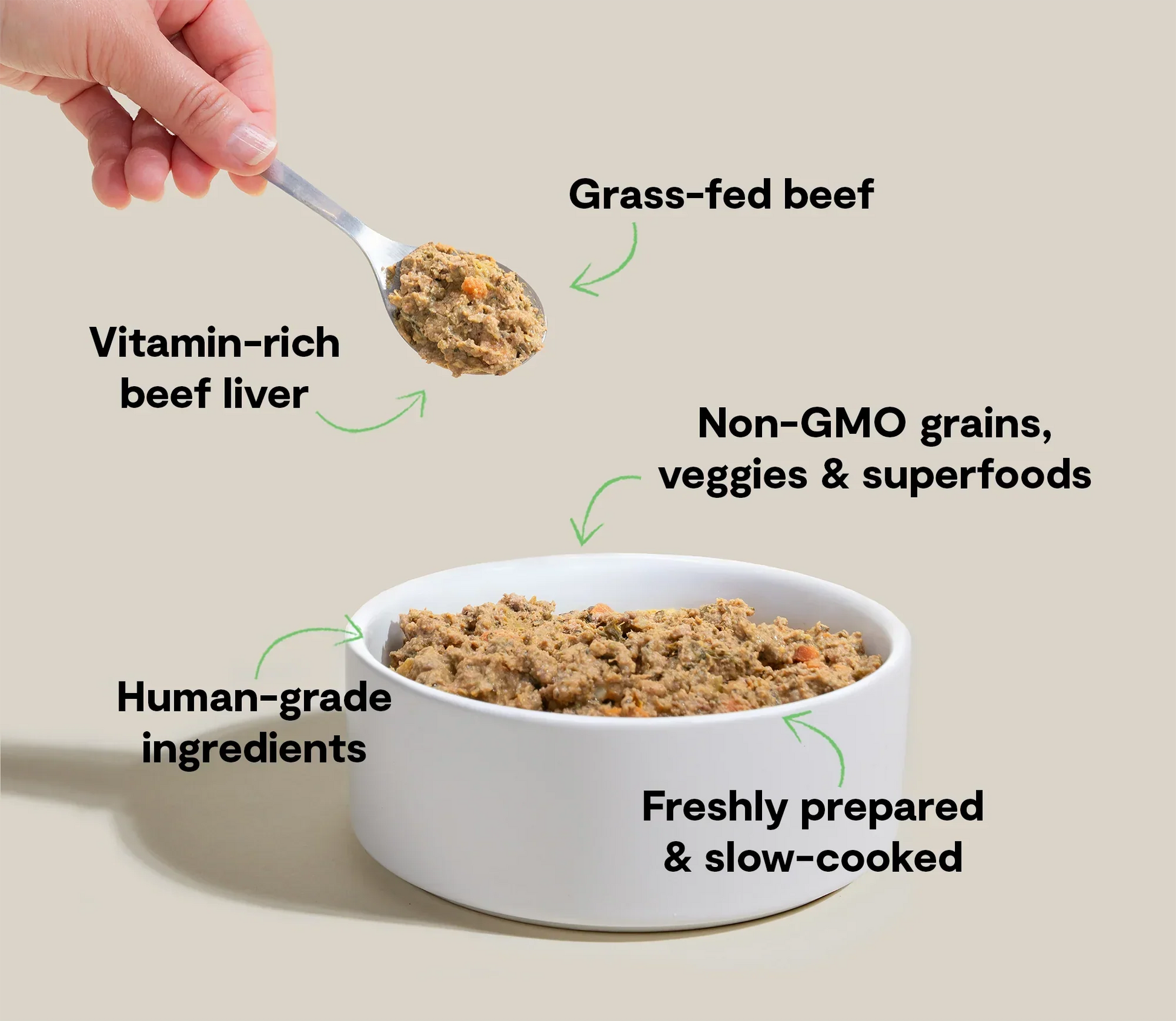 Grass-fed beef grain-free freshly crafted dog food with vitamin-rich beef liver, non-GMO veggies, superfoods, human-grade ingredients, freshly prepared and slow-cooked.