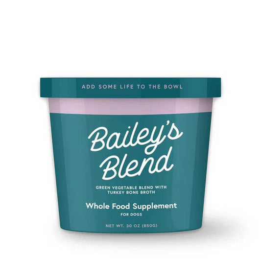 Bailey’s Blend frozen vegetable supplement with organic greens and turkey bone broth for dogs