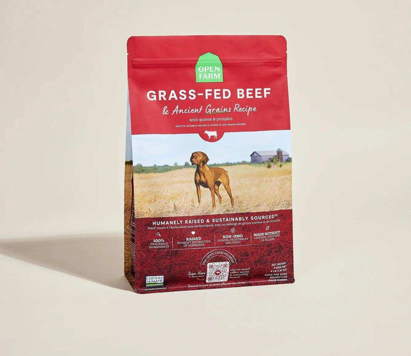 Open Farm Grass-Fed Beef and Ancient Grains Dog Kibble for adult dogs with quinoa and pumpkin