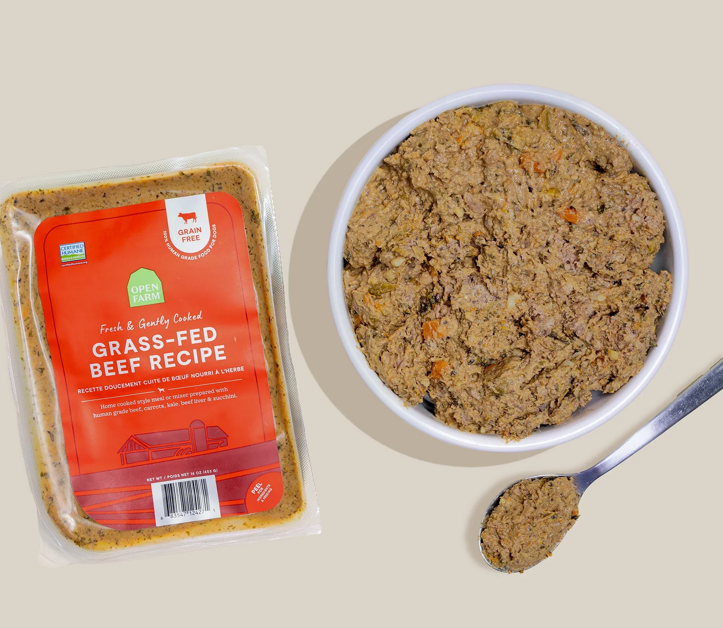 Grass-fed beef grain-free fresh dog food in pouch with bowl and spoon served