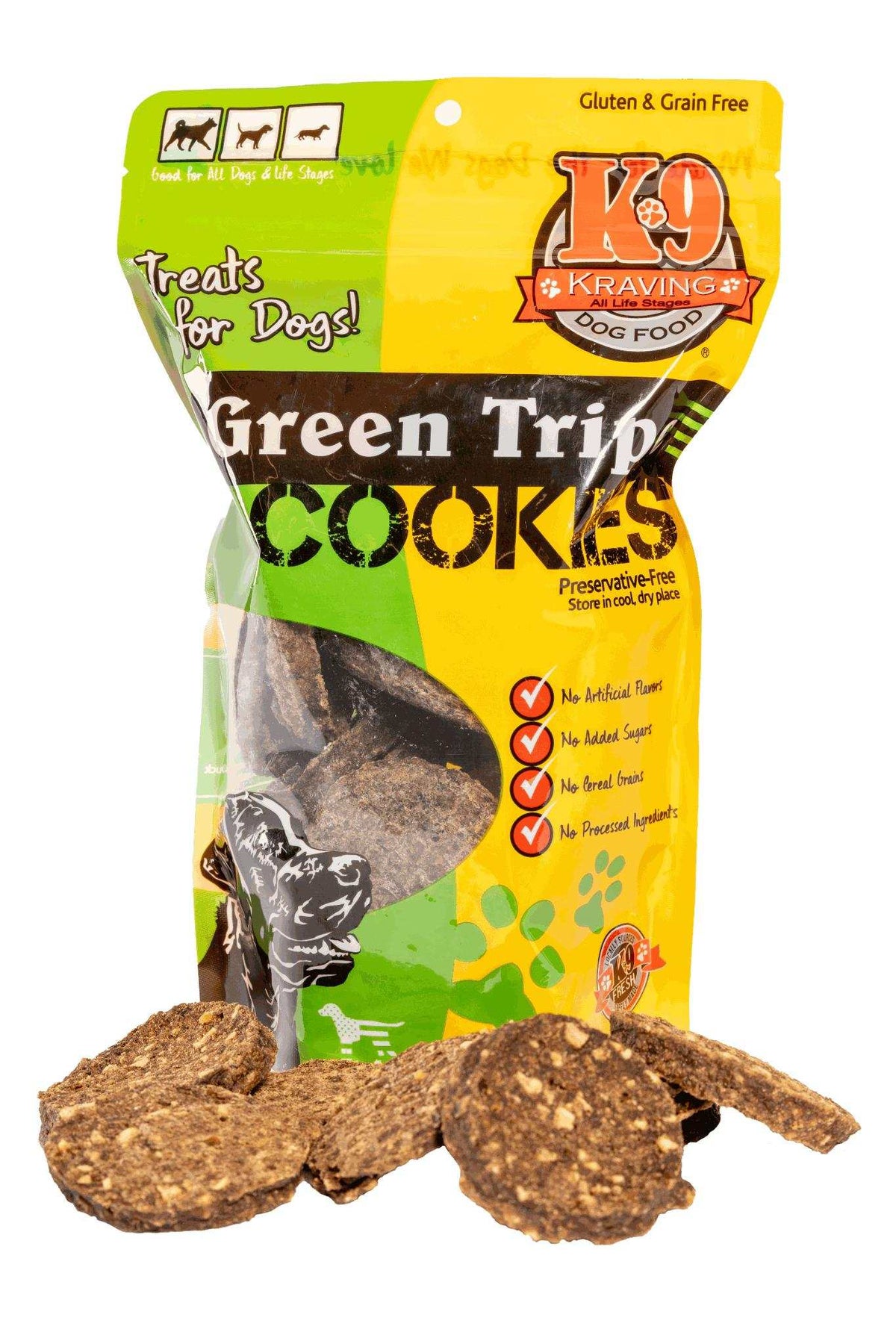 Green Tripe dog cookies in a yellow and green resealable pouch, with round, rough-textured brown treats visible in front.