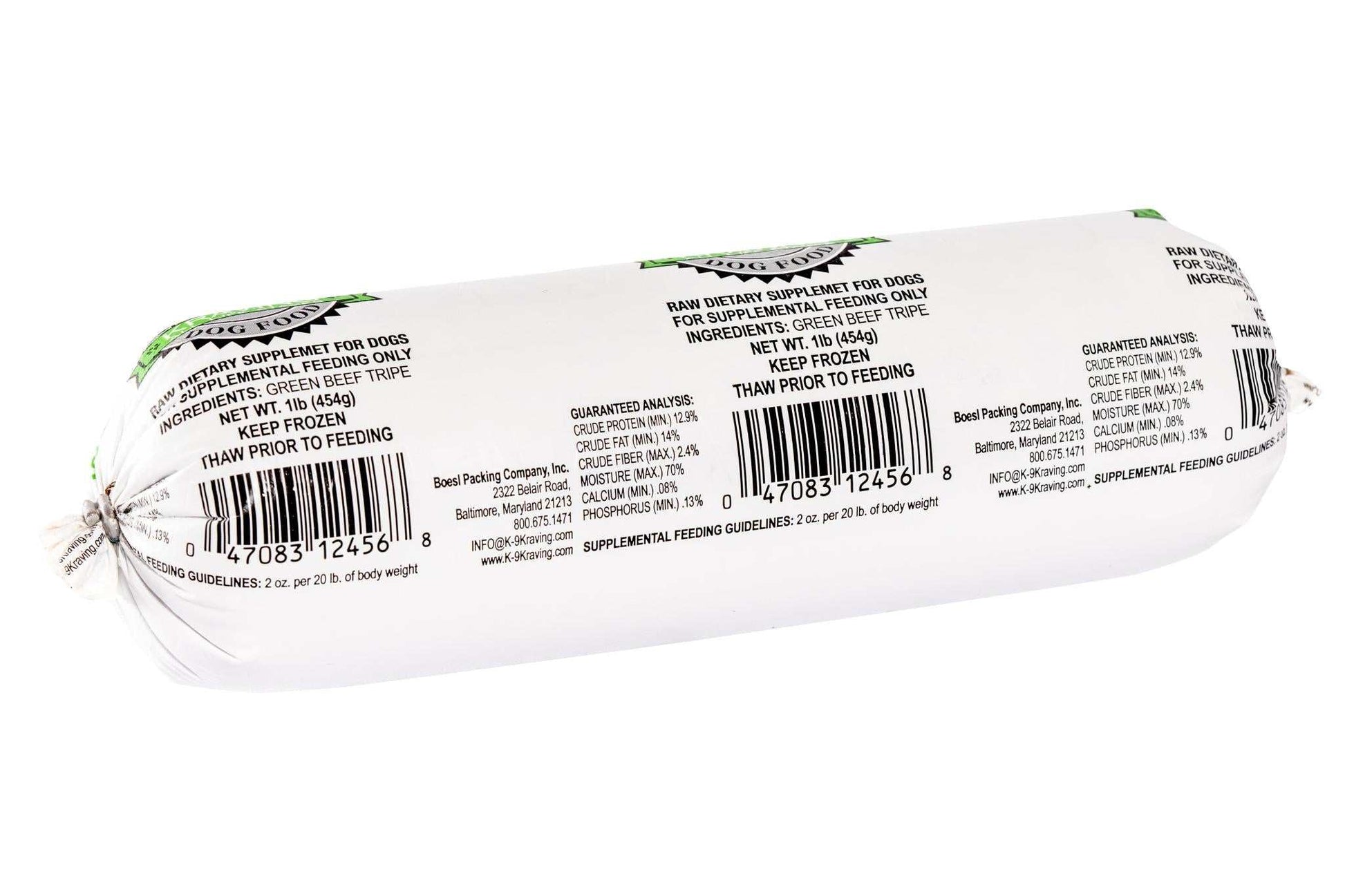 K-9 Kraving Green Tripe package for dogs, raw supplement with green beef tripe for digestion and coat health.