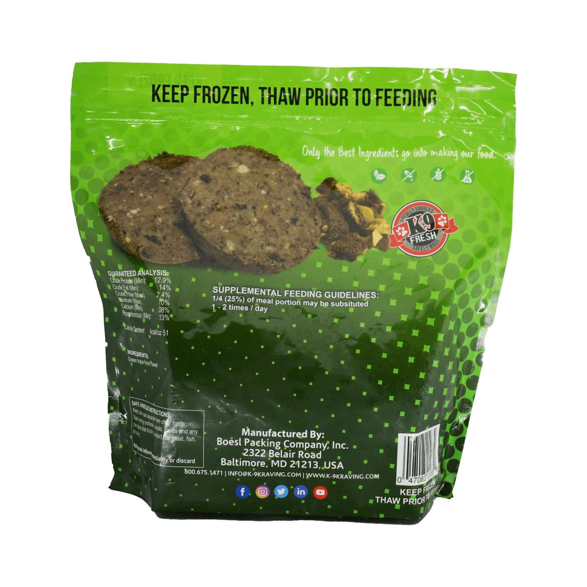 Green Tripe frozen raw supplement in a glossy green pouch with images of brown tripe patties and feeding guidelines
