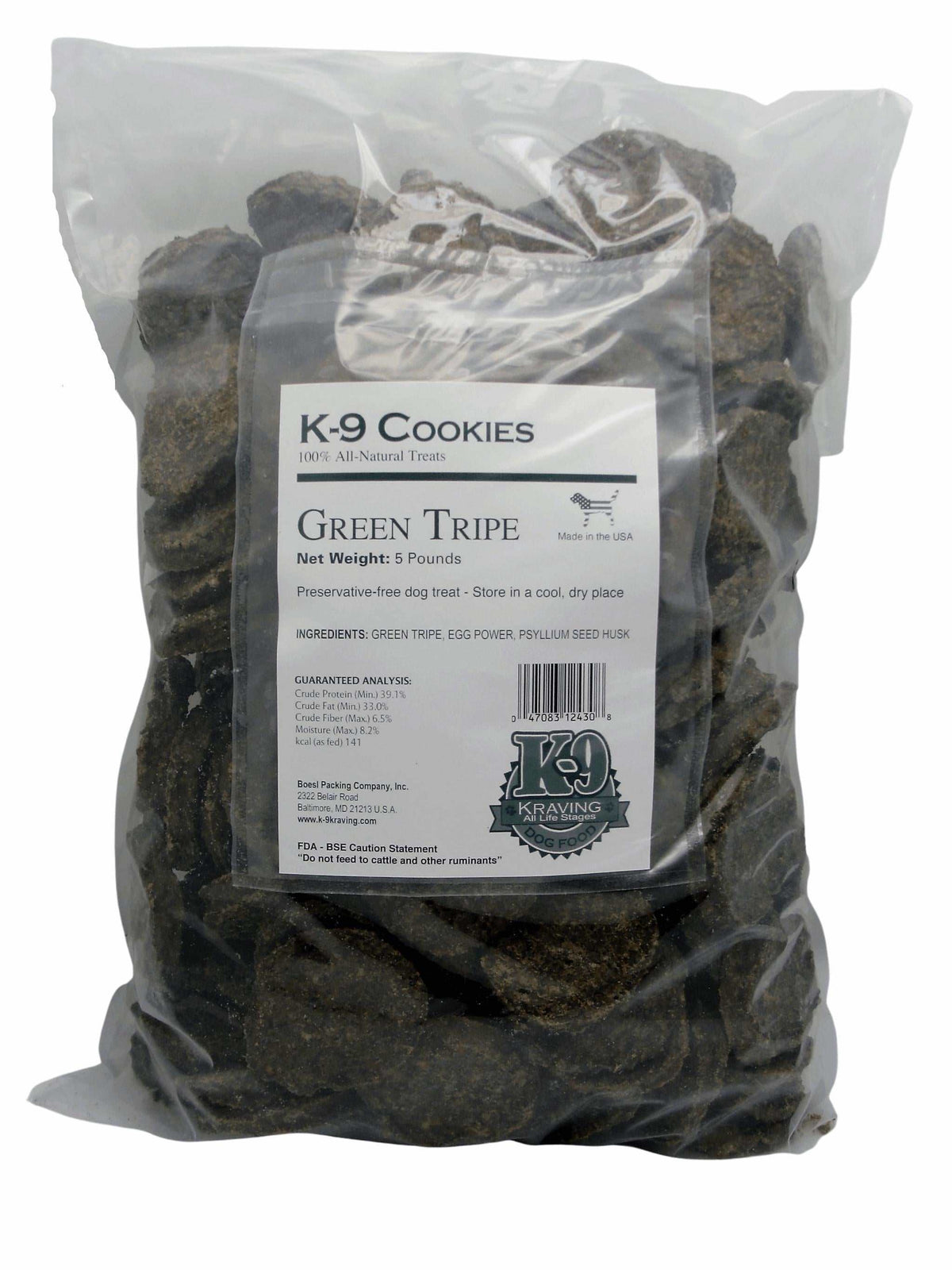 5 lb bag of Green Tripe K-9 Cookies dog treats, 3-ingredient, all-natural, USA made