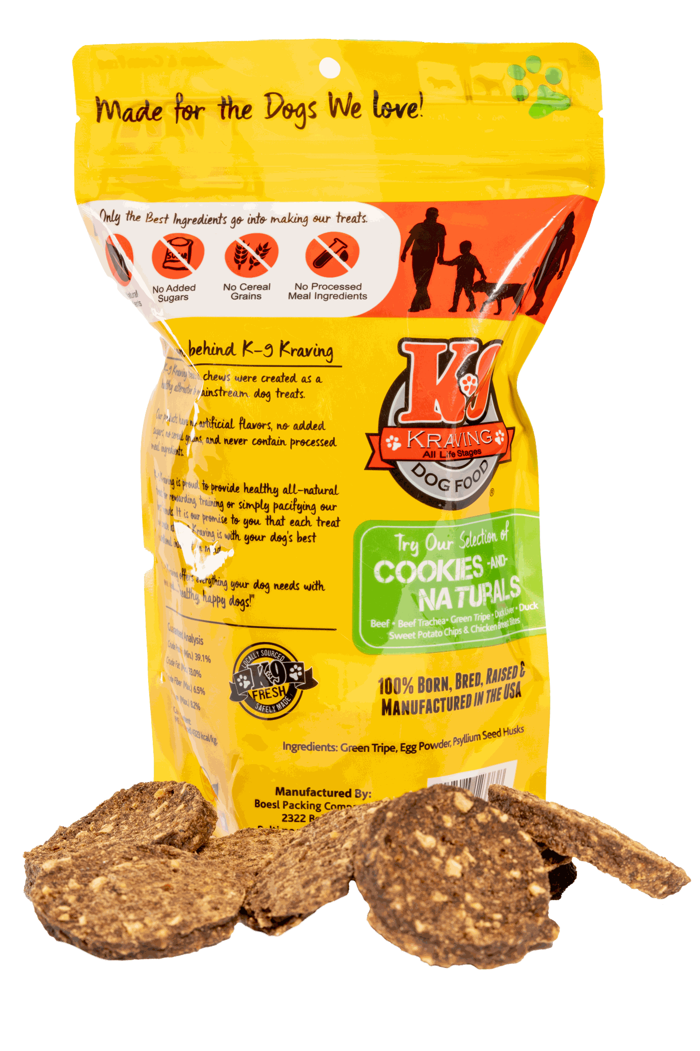 K-9 Cookies packaged dog treats with natural ingredients.