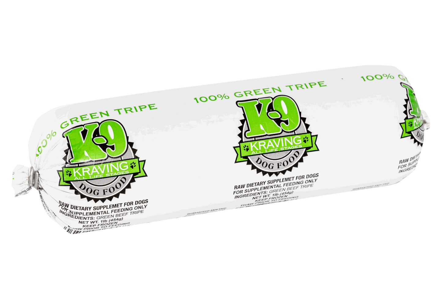 K-9 Kraving Green Tripe raw dog food package, 100% green beef tripe supplement.