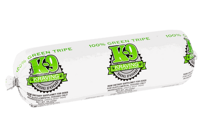 K-9 Kraving Green Tripe raw dog food package, 100% green beef tripe supplement.