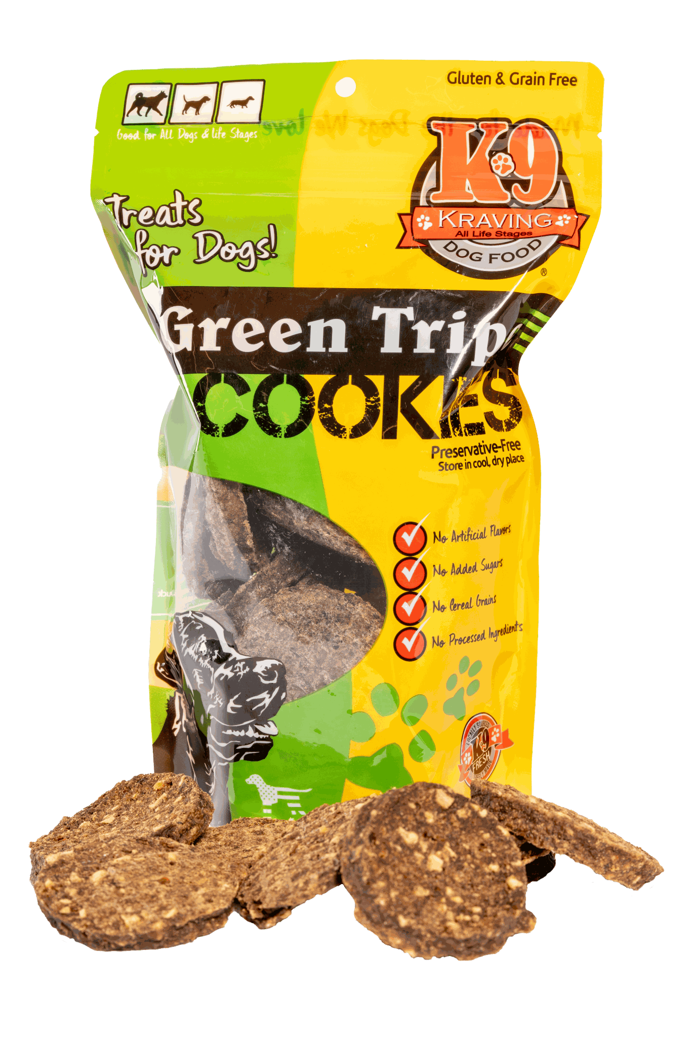Green Tripe K-9 Cookies in colorful packaging with scattered dog treats.