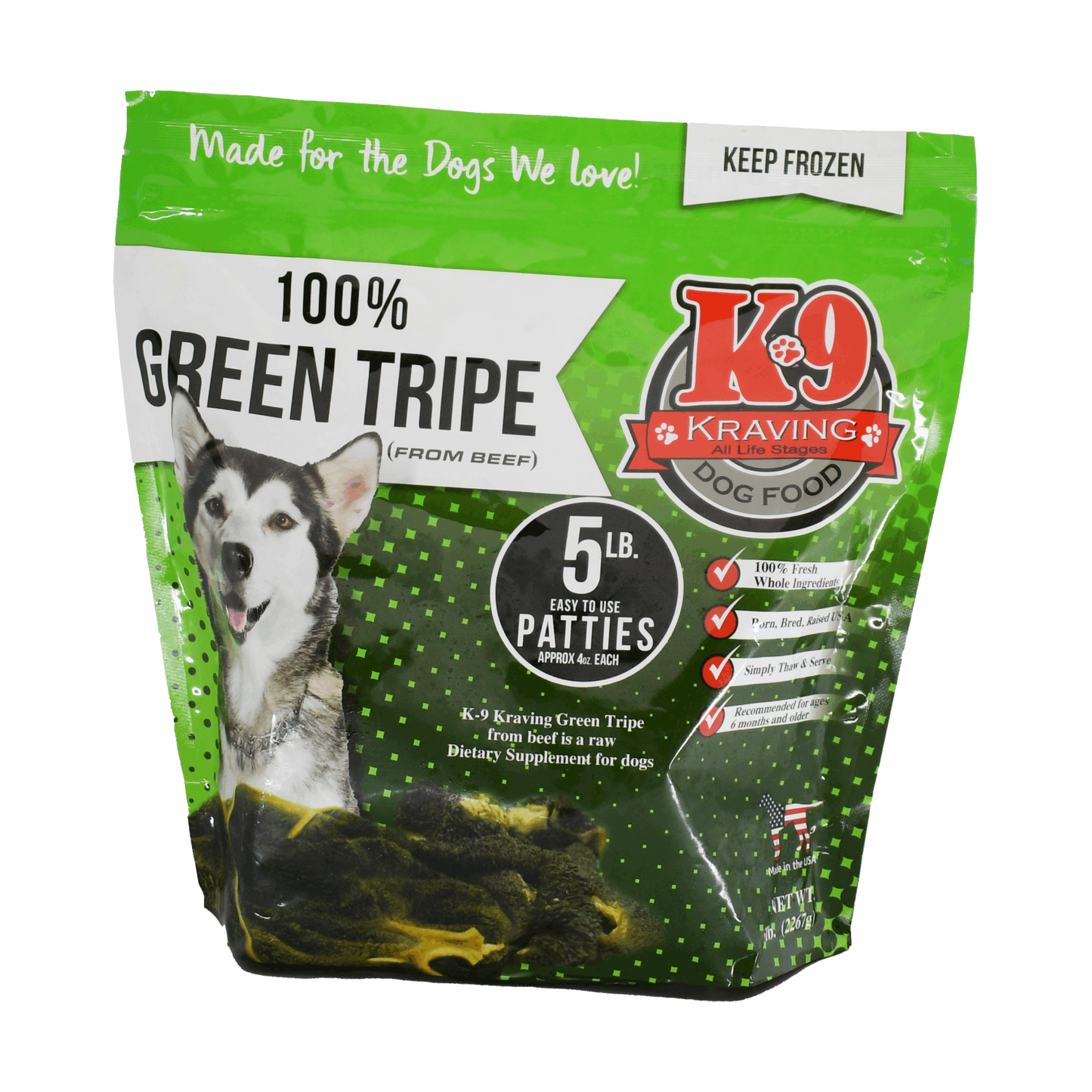 K-9 Kraving Green Beef Tripe packaging with dog image, highlighting 100% natural raw food for dogs.