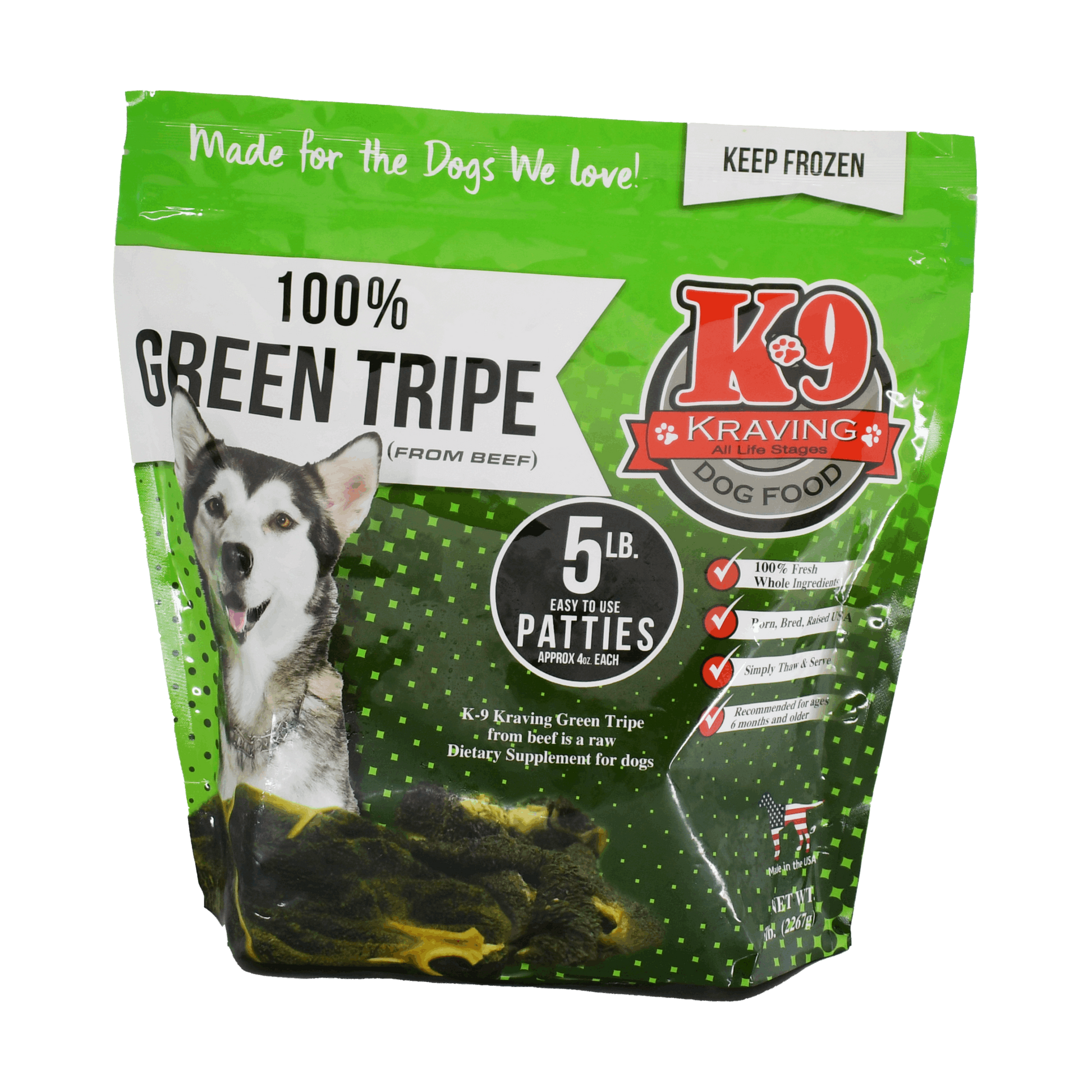 K-9 Kraving Green Beef Tripe packaging with dog image, highlighting 100% natural raw food for dogs.