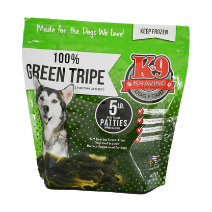 K-9 Kraving Green Beef Tripe packaging with dog image, highlighting 100% natural raw food for dogs.