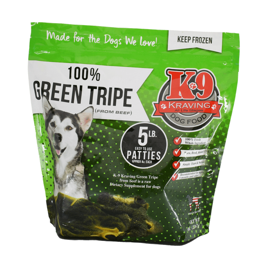 K-9 Kraving Green Beef Tripe packaging with dog image, highlighting 100% natural raw food for dogs.