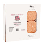 Raw dog food supplement with Ground Beef Pancreas, peach-pink minced texture in a white box with a clear window.