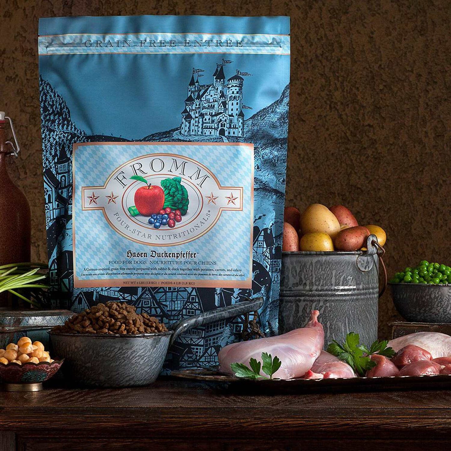 Hasen Duckenpfeffer German-inspired rabbit and duck entrée dog food with peas and potatoes