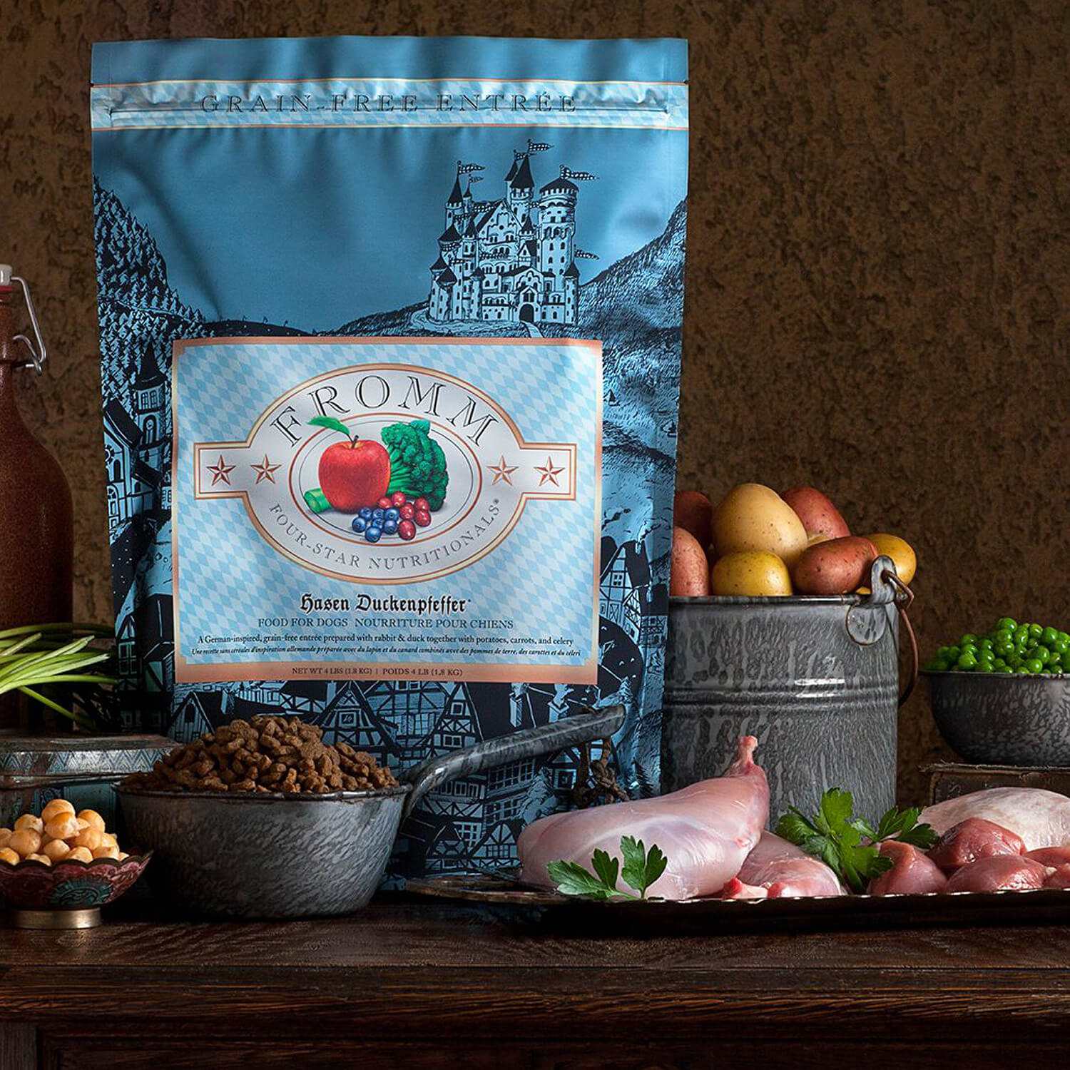 Hasen Duckenpfeffer German-inspired rabbit and duck entrée dog food with peas and potatoes