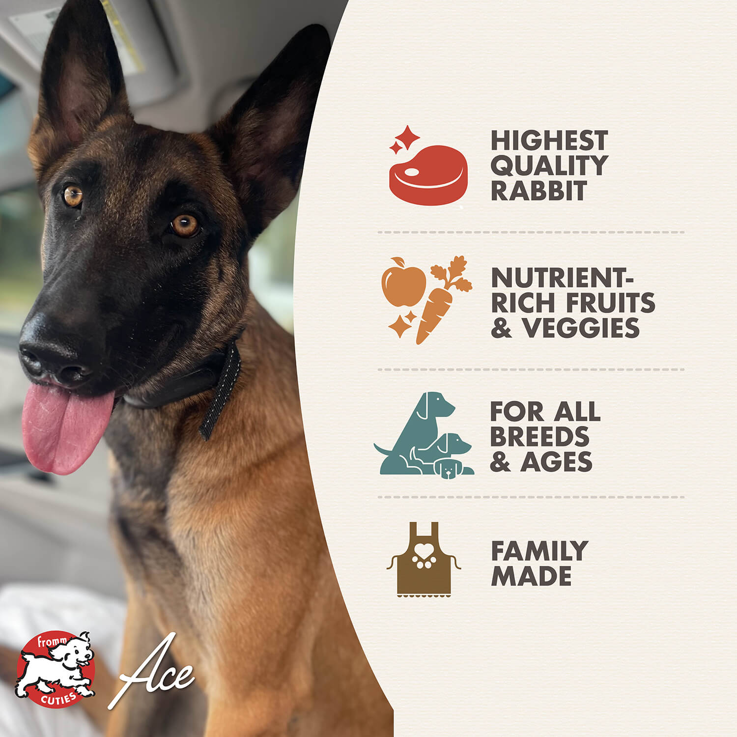 German-inspired Hasen Duckenpfeffer dog food with rabbit, duck, fruits, and vegetables suitable for all breeds and ages