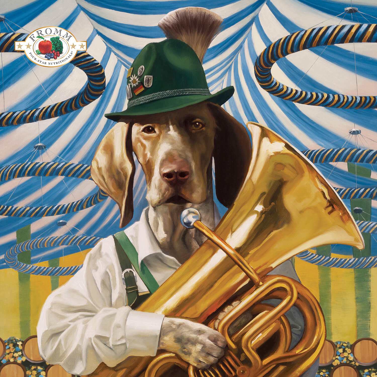 Anthropomorphic dog in Bavarian attire playing a brass tuba under a striped festival tent representing Hasen Duckenpfeffer.