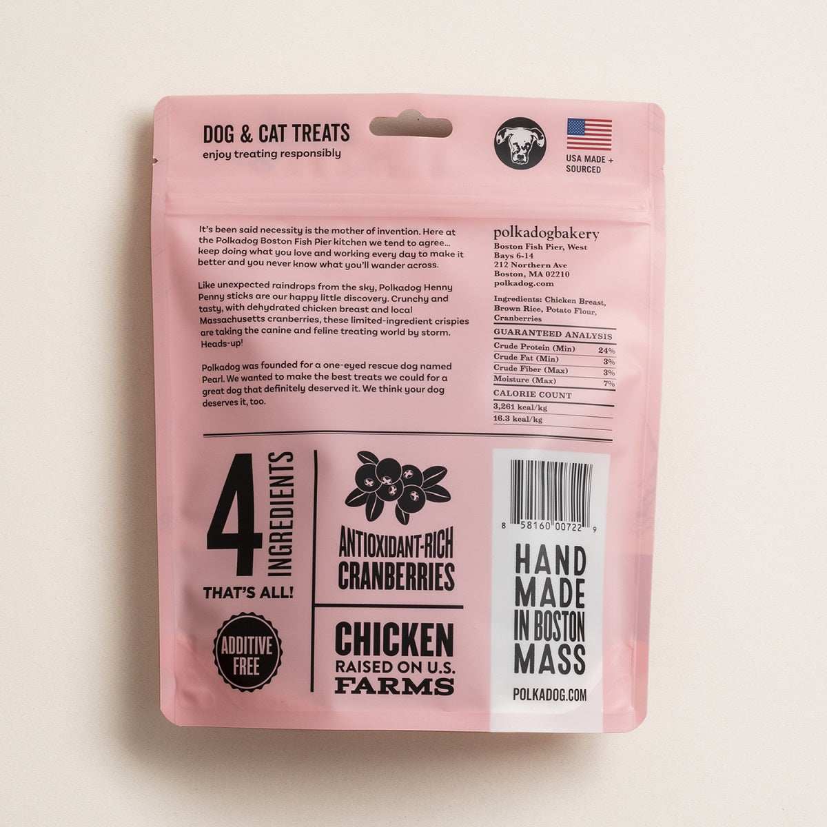 Henny Penny Chicken & Cranberry Crunchy Dog Treats with 4 ingredients, antioxidant-rich cranberries, handmade in Boston, US farm-raised chicken