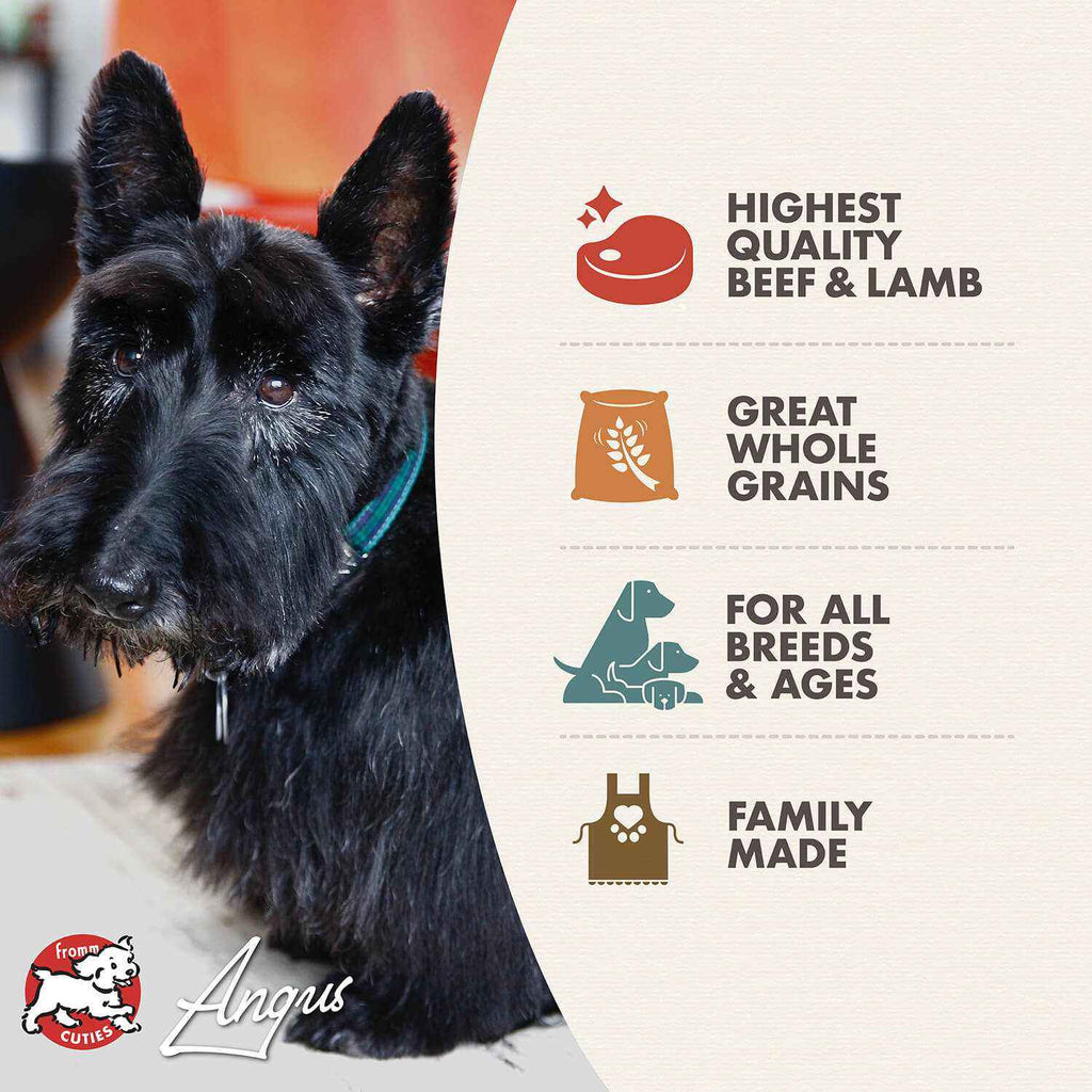 Dry dog food featuring a black Scottish Terrier and icons highlighting beef and lamb, whole grains, all breeds, and family made; -Star Beef Oats & Barley