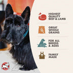 Dry dog food featuring a black Scottish Terrier and icons highlighting beef and lamb, whole grains, all breeds, and family made; -Star Beef Oats & Barley