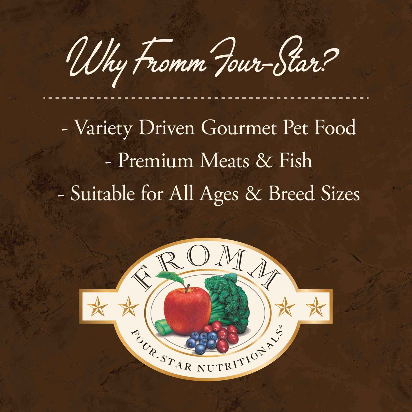 Fromm Four-Star Beef Oats & Barley gourmet pet food with premium meats, fish, fruits, and vegetables logo on brown background