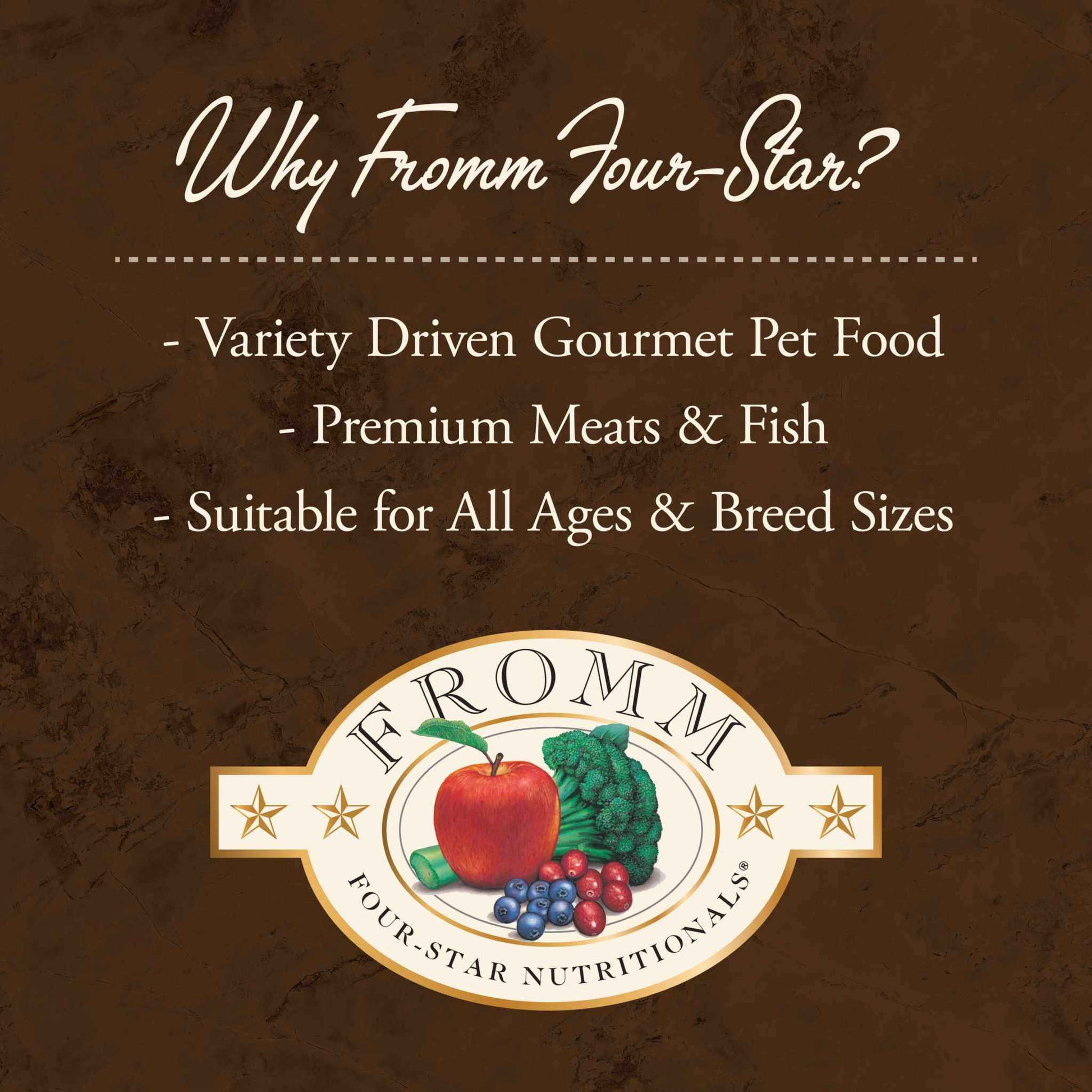 Fromm Four-Star Beef Oats & Barley gourmet pet food with premium meats, fish, fruits, and vegetables logo on brown background