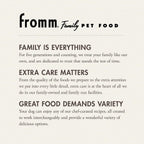 Dog food brand information card with black Fromm Family Pet Food lettering and brown serif text on cream paper, featuring -Star Beef Oats & Barley