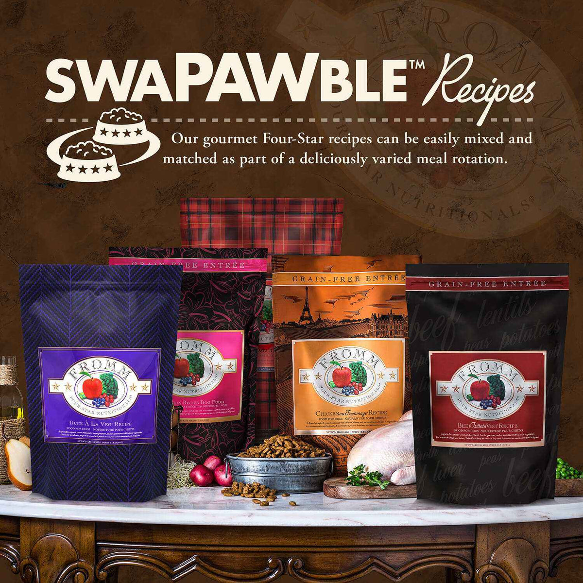 Dry dog food in patterned bags featuring purple, plaid, orange, and black designs; -Star Beef Oats & Barley recipe packaging is shown.