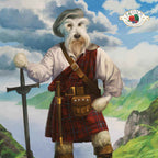 Dog food package artwork featuring a white terrier in a red tartan kilt, with Fromm Highlander branding and -Star Beef Oats & Barley.