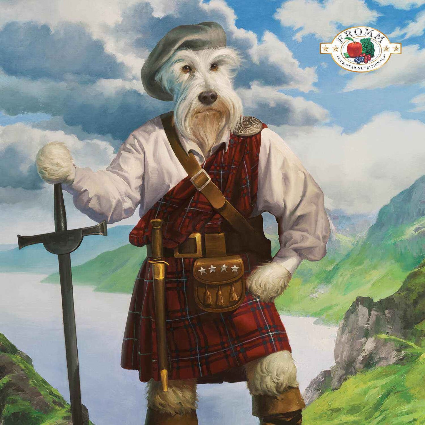 Scottish Highlander dog in tartan kilt holding sword with Four-Star Beef Oats & Barley logo in scenic landscape background