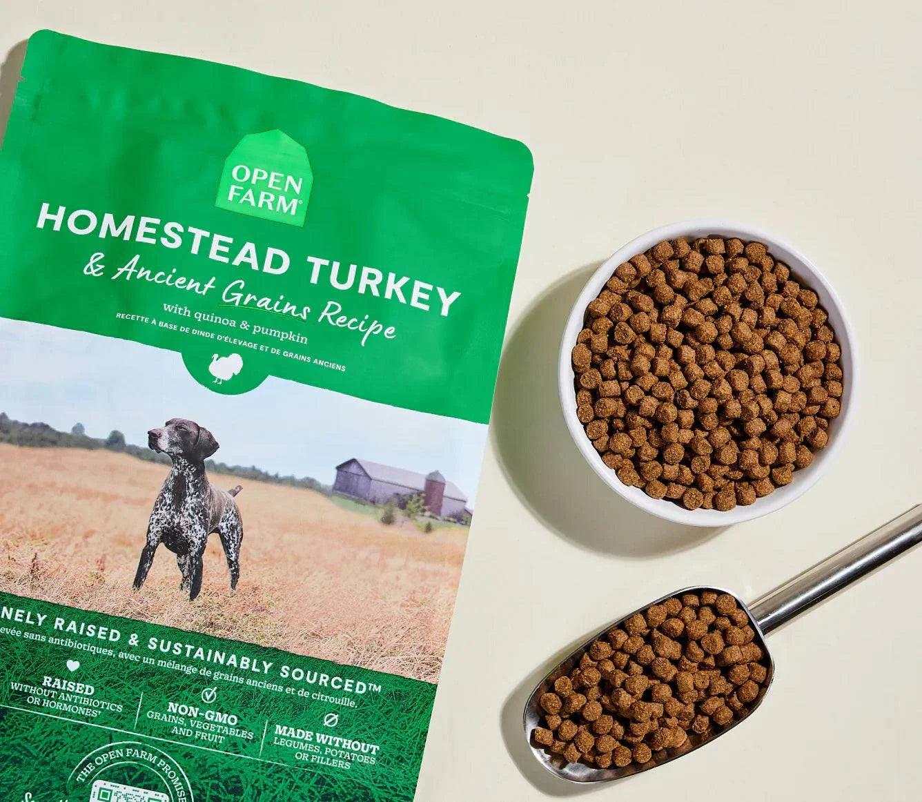 Homestead Turkey & Ancient Grains Recipe dog kibble with quinoa and pumpkin, protein-packed nutrition for sensitive stomachs and all dog life stages