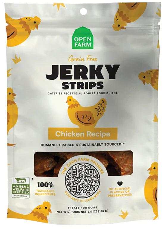 Jerky Strips in a white resealable pouch with yellow chicken illustrations and a clear window showing brown treats.