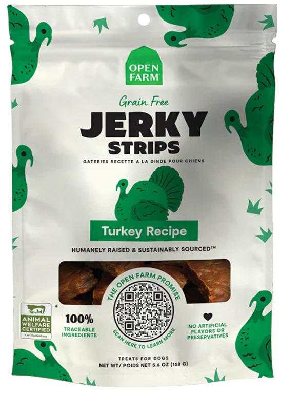 Open Farm Grain-Free Turkey Jerky Strips dog treats, humanely raised, sustainably sourced, 100% traceable ingredients, no artificial flavors or preservatives.
