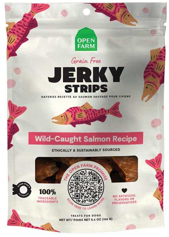 Jerky Strips in a white resealable pouch with pink salmon illustrations and bold black lettering, wild-caught salmon recipe.
