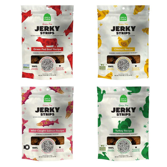 Open Farm Grain-Free Jerky Strips in Grass-Fed Beef, Chicken, Wild-Caught Salmon, and Turkey flavors for dogs, ethically sourced and sustainably made.