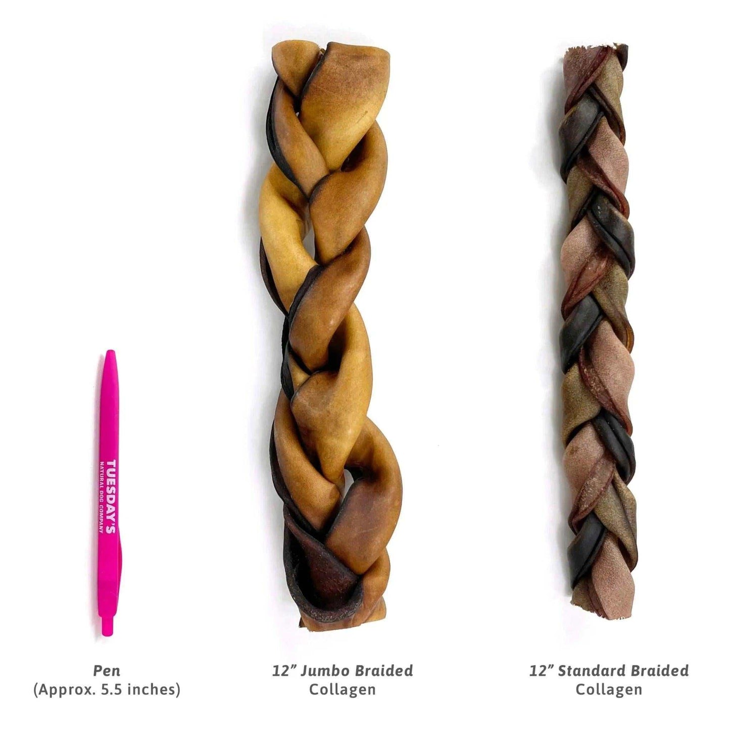 Jumbo braided collagen dog chews made from grass-fed beef collagen sticks