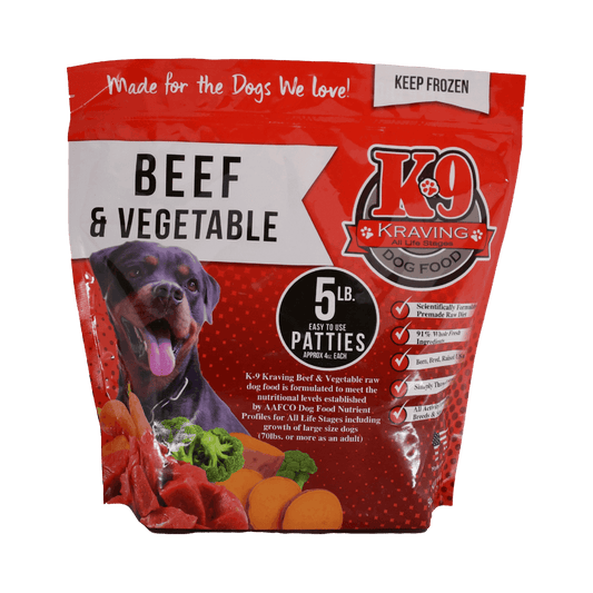 K-9 Kraving Beef & Vegetable Raw Dog Food packaging with beef and vegetables, 5 lb bag.