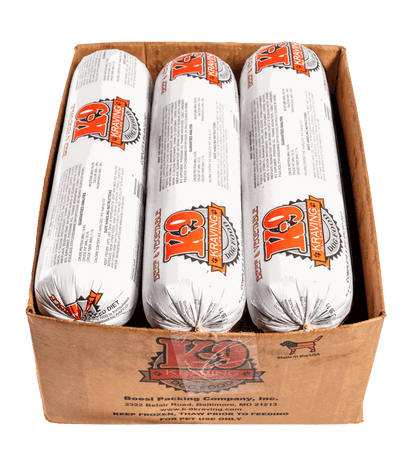 K-9 Kraving Beef & Vegetable Formula Raw Dog Food packaging in a cardboard box.