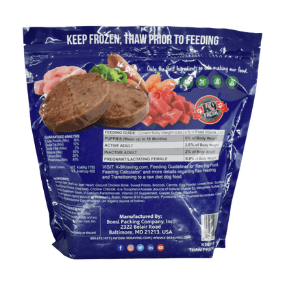 K-9 Kraving Chicken Beef Vegetable Formula Raw Dog Food packaging with feeding guide and nutrition details.